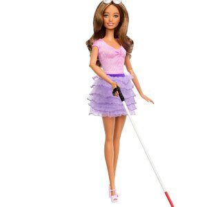 Barbie Fashionista Doll#228 Blind Barbie Doll Wearing Pastel Outfit with Cane